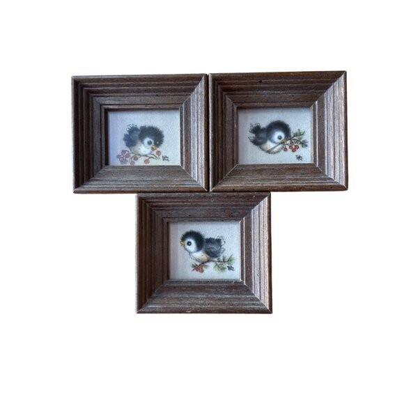 Miniature Bird Artwork Trio Rustic Wood Frames Signed Originals Colored Pencil - Picture 2 of 11